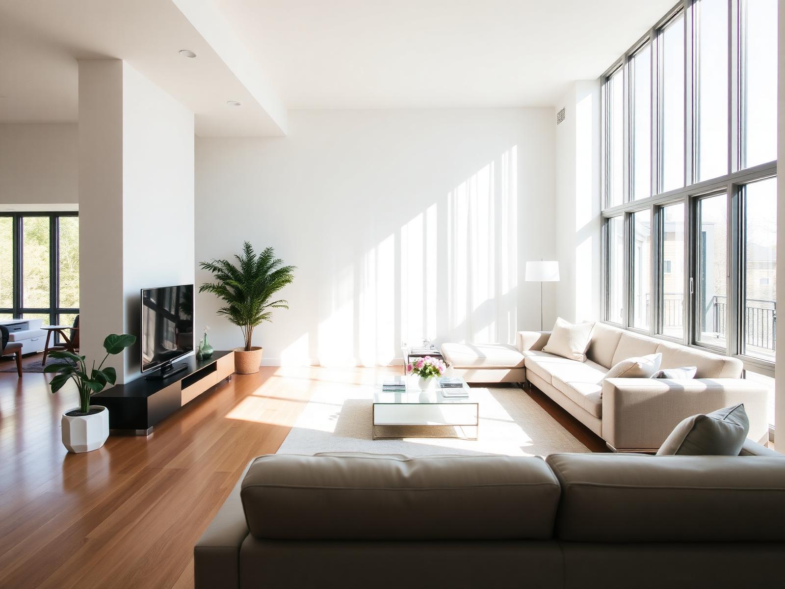 Bright, sunlit modern living room professionally cleaned by BrightView